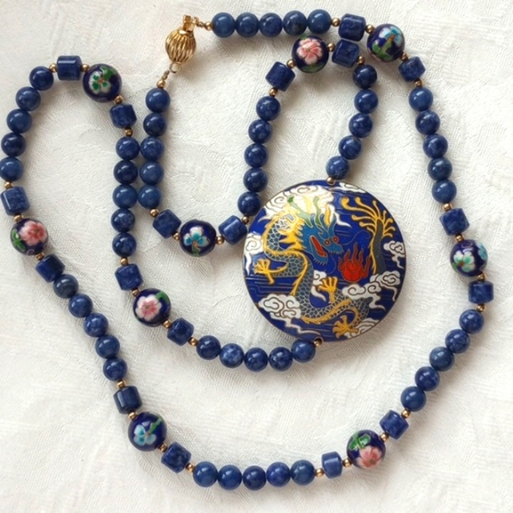 Vtg Lapis bead reversible dragon rooster Chinese Cloisonné Necklace 32in